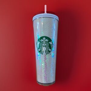 Starbucks White Sequin Holiday 2020 Iridescent Tumbler Cold Cup Pink Straw 24oz